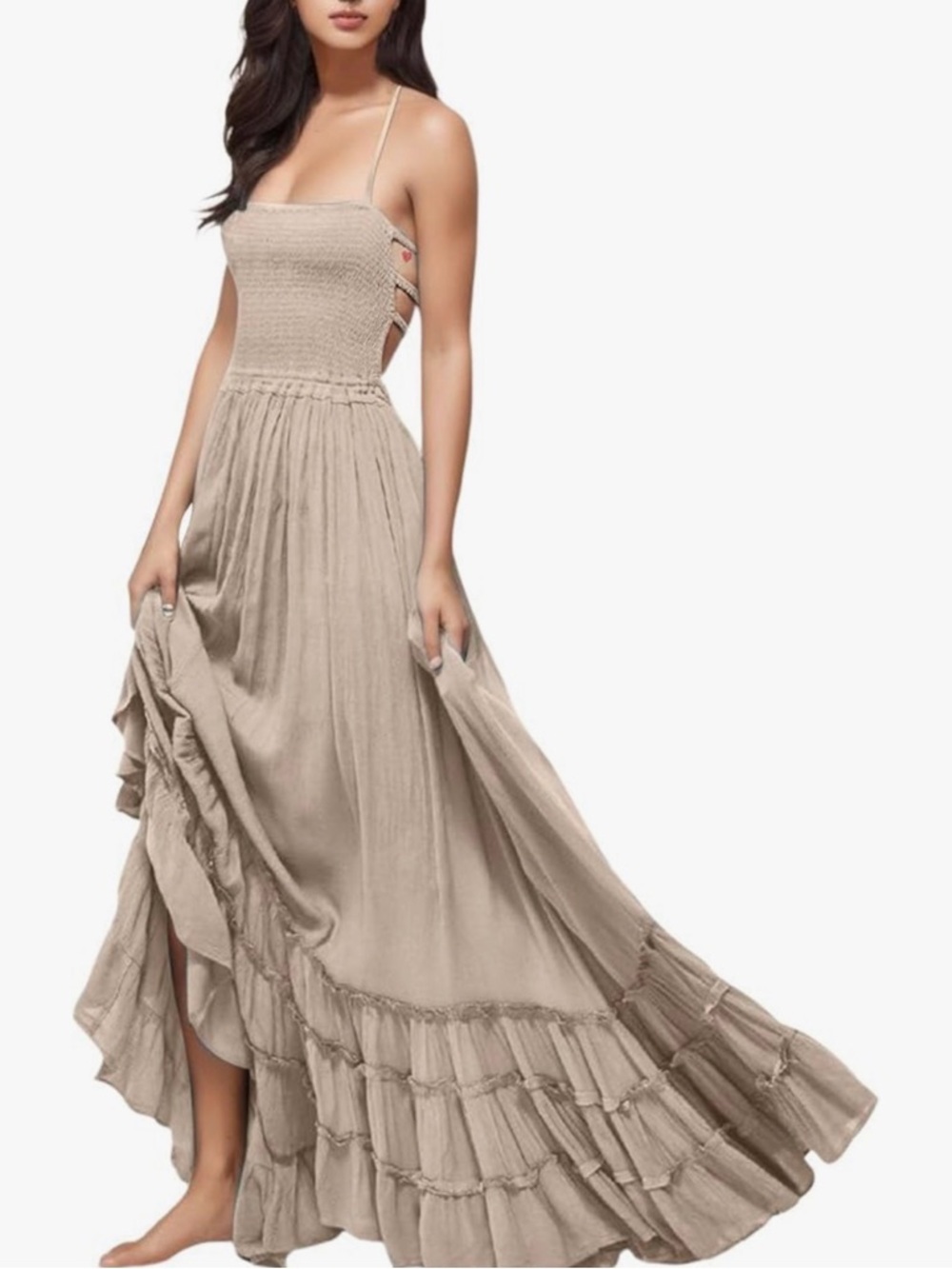Beige Smocked Maxi Dress Boho Tiered Ruffle Strappy Back Flowy Summer | Size S